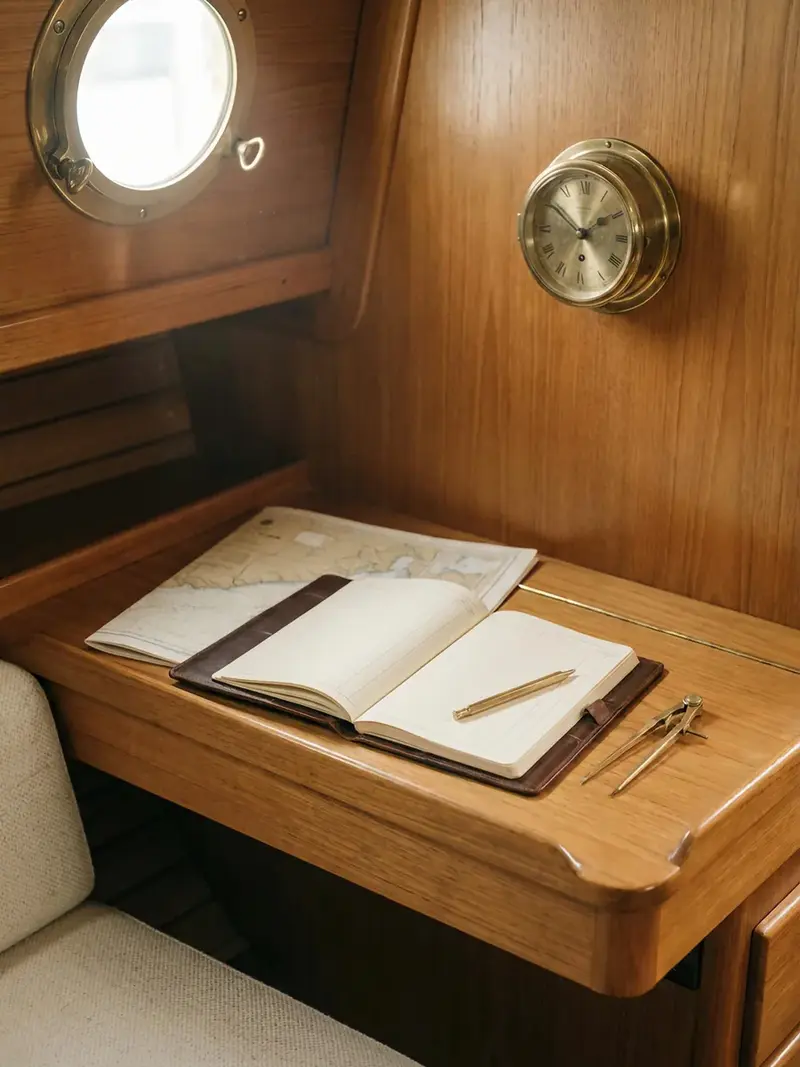 A teak boat chart table with an open logbook and brass instruments