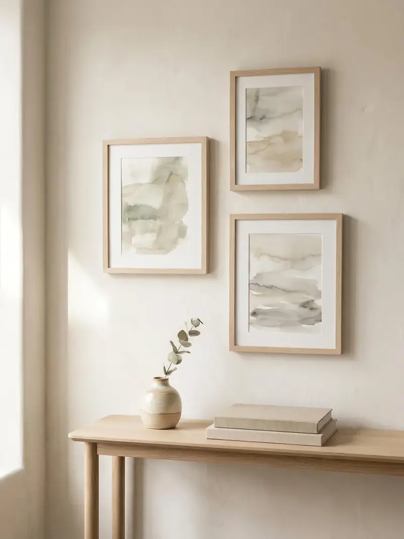 Framed coastal watercolor prints above an oak console