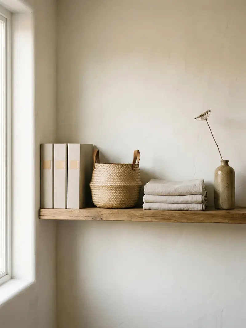Linen-covered organizing binders on an oak shelf