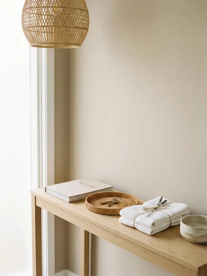 A styled coastal rental welcome console with folded towels and a key tray