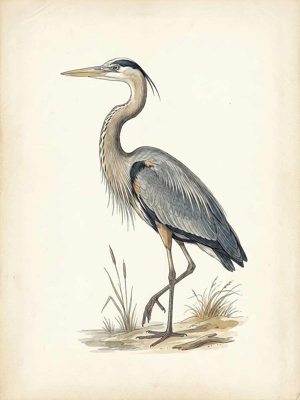 Vintage great blue heron print — coastal shorebird wall art