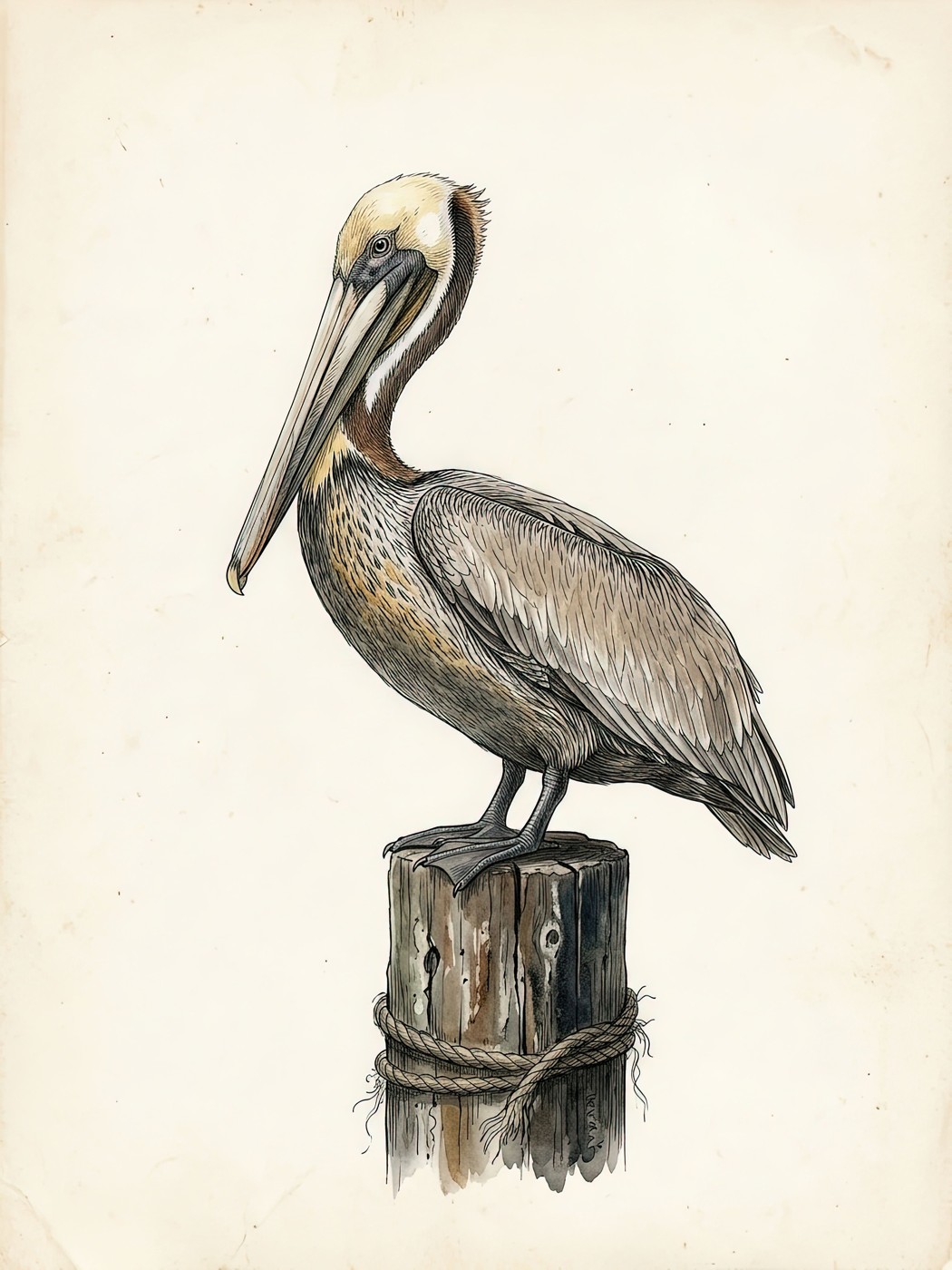 Vintage brown pelican print — coastal shorebird wall art
