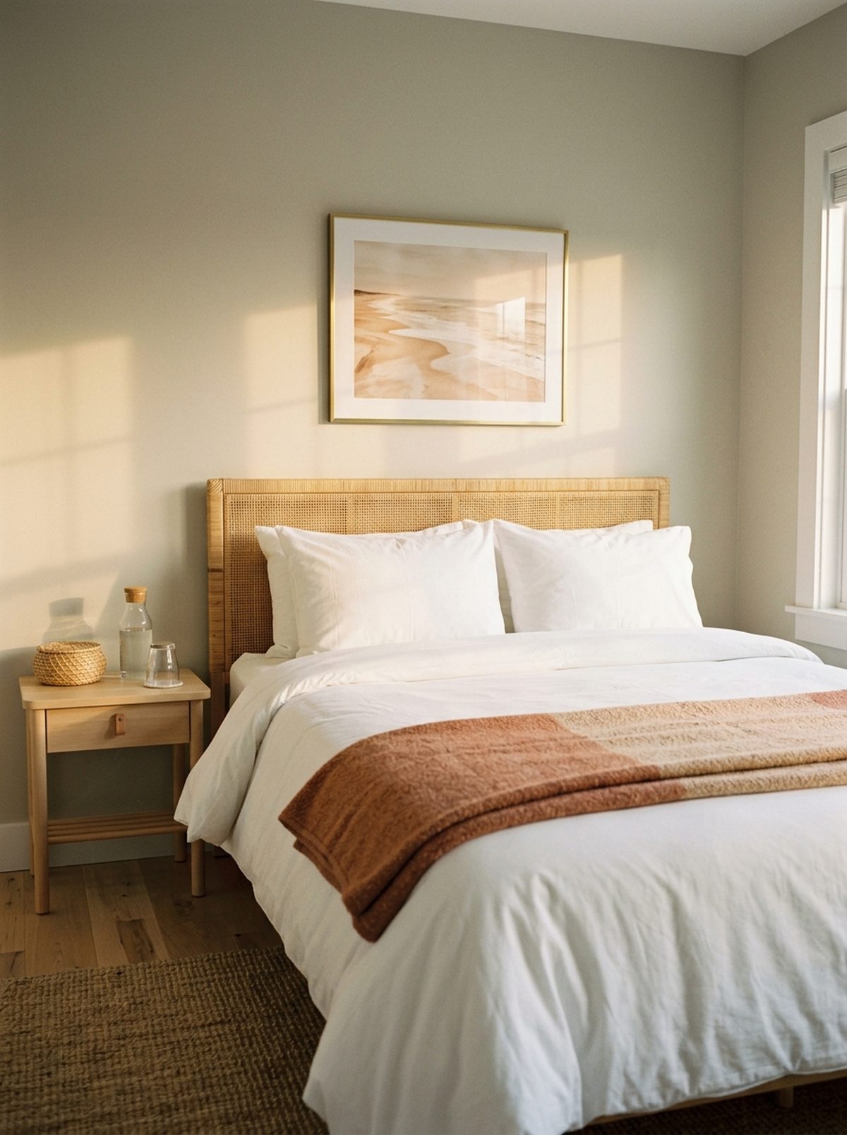 A warm, inviting coastal rental guest bedroom with crisp white hotel-style bedding and a framed coastal print above a rattan headboard.