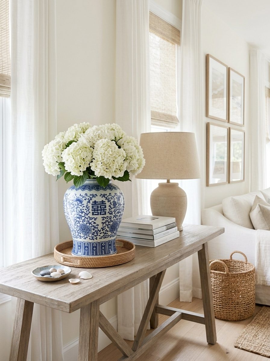 White hydrangeas in a blue-and-white ginger jar, coastal grandmother styling.