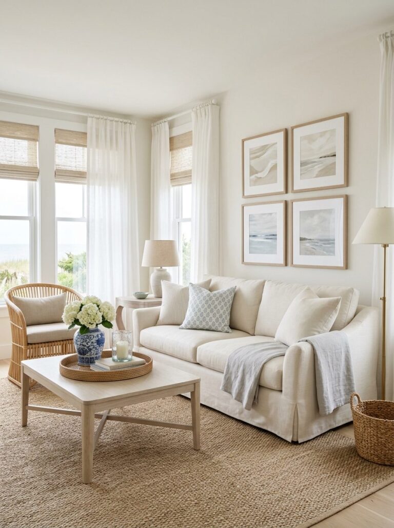 Coastal grandmother living room with a coastal art set above an ivory slipcovered sofa.