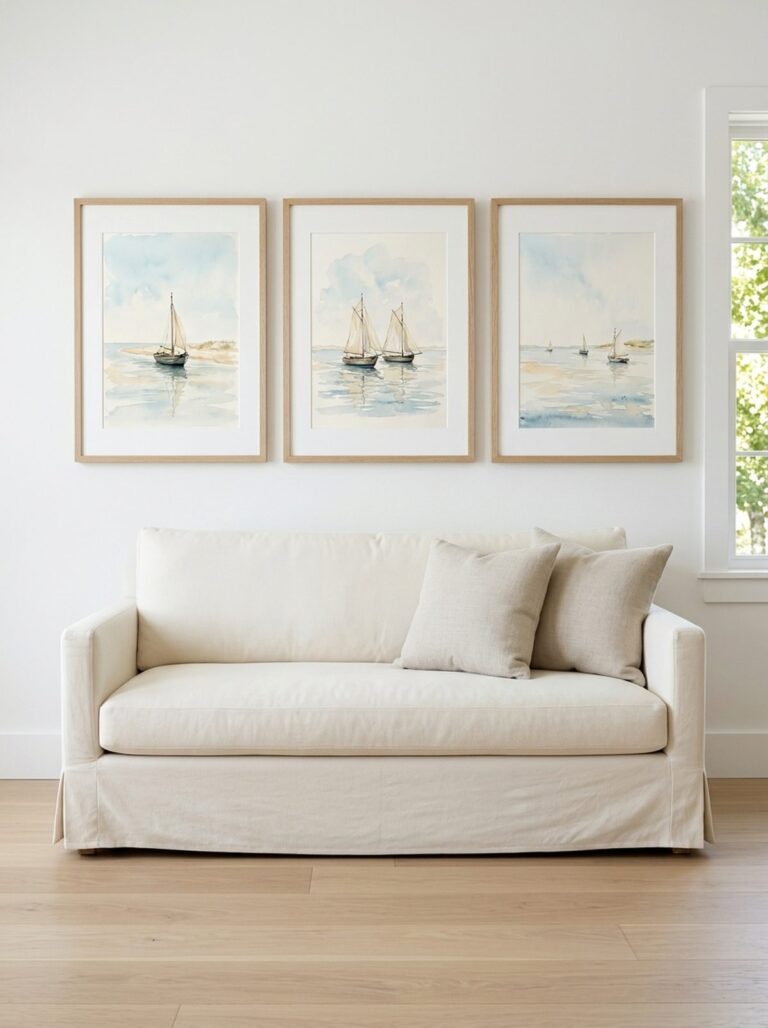 Bright lake house living room with three watercolor sailboat prints in light-oak frames above an ivory slipcovered sofa.