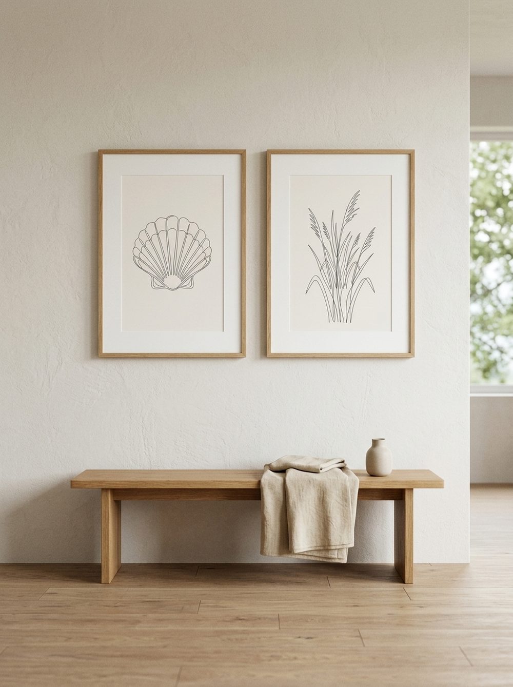 Two minimalist coastal line-art prints in light-oak frames in a calm lake house room above a wood bench.