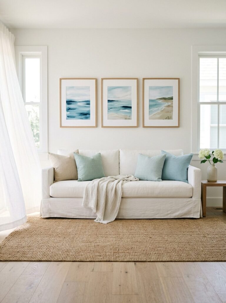 Summer coastal living room with sheer curtains, a linen sofa, and bright ocean wall art.