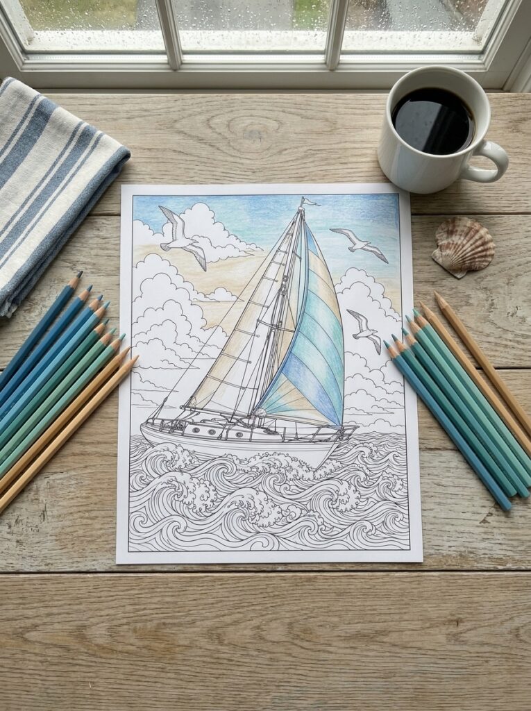 A nautical coloring book page with colored pencils
