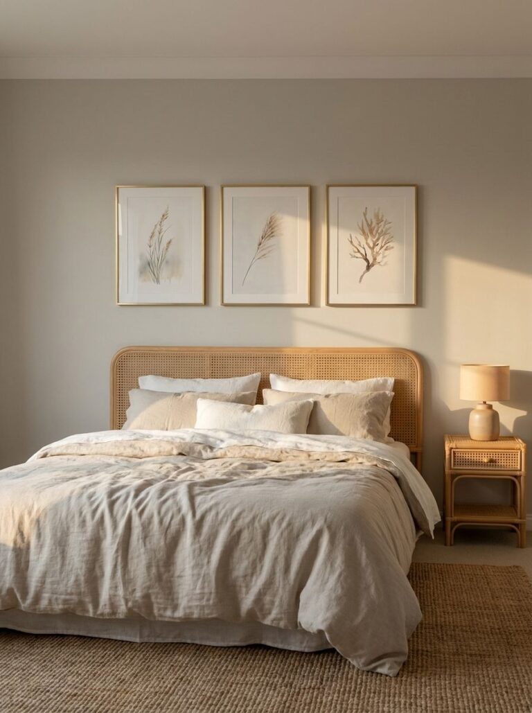 Coastal bedroom with three framed neutral prints above a rattan headboard and washed linen bedding in warm golden-hour light