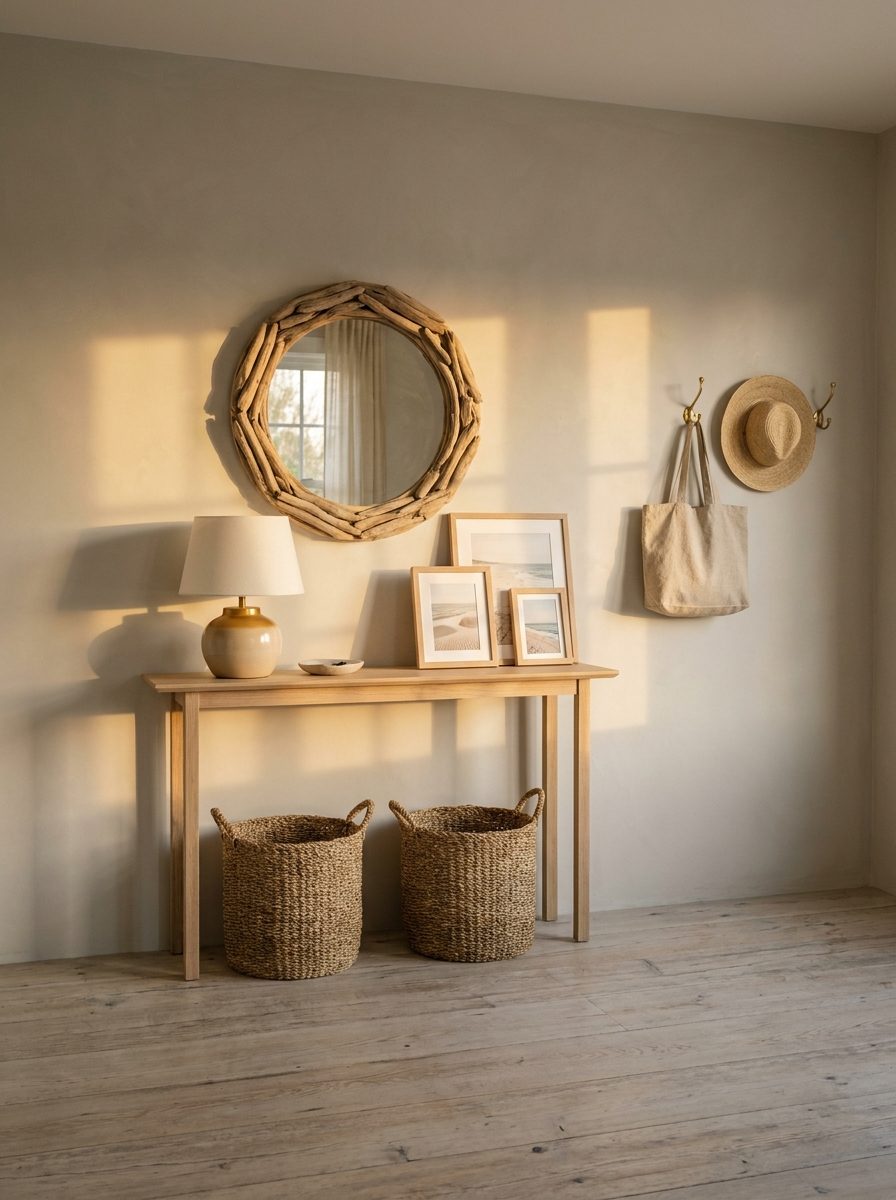 Coastal entryway with a slim wood console, round driftwood-framed mirror, a trio of framed coastal prints, and woven baskets below