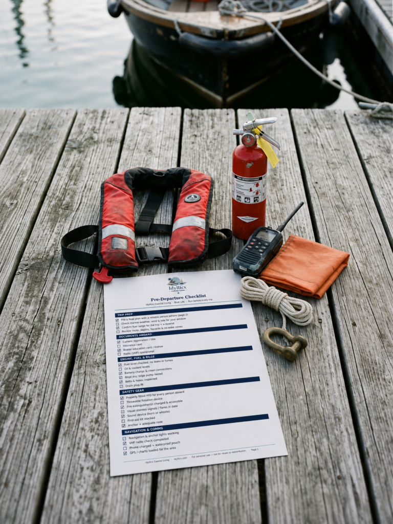 Boat safety gear laid out on weathered dock boards: an inflatable life jacket, red fire extinguisher, handheld VHF radio, orange distress flag, coiled rope and a printed pre-departure checklist.