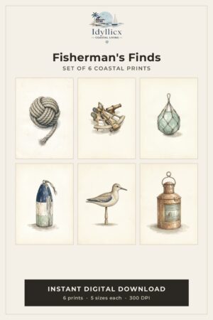 Fisherman's Finds vintage maritime printable wall art, set of 6 coastal prints