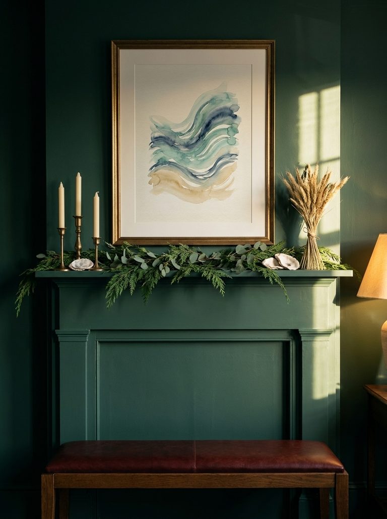 A deep green living room mantel with cedar and eucalyptus garland, brass candlesticks, oyster shells and a framed coastal print above it